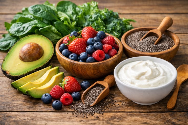 5 Superfoods to Eat While on Diet 5 superfoods to eat while on diet including fruits, nuts, leafy greens, yogurt, and healthy protein foods