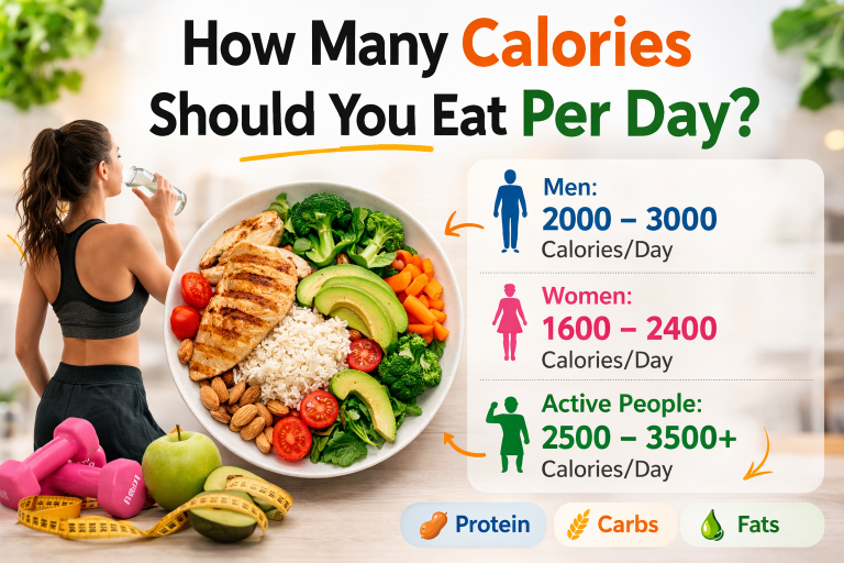 How Many Calories Should You Eat Per Day? Healthy meal plate with calorie guide showing how many calories you should eat per day for weight loss and fitness