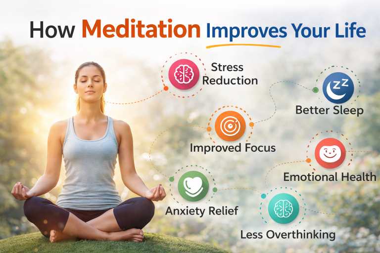 Person meditating outdoors showing how meditation improves your life with benefits like stress relief, better focus, and mental health