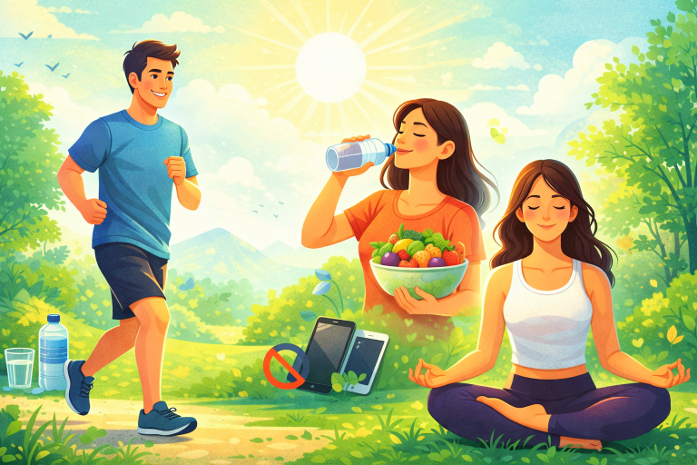 10 simple daily habits for a healthier and happier life including exercise, healthy eating, hydration, and positive lifestyle