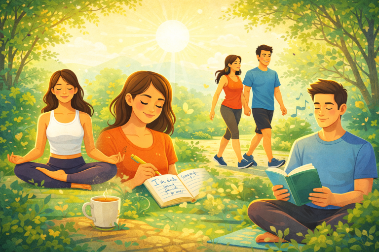 Person practicing daily habits like meditation and journaling to improve mental health naturally