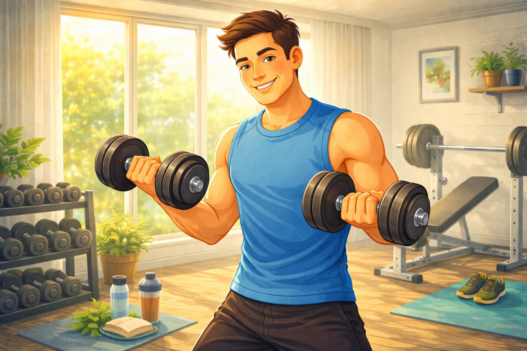 20 minute full body workout at home showing exercises like squats, push-ups, lunges, and planks for fitness