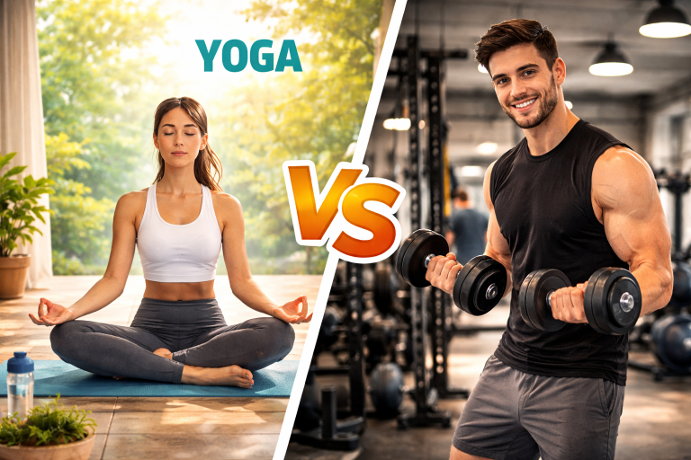 Yoga vs gym comparison showing person doing yoga and gym workout for fitness, strength, flexibility, and weight loss