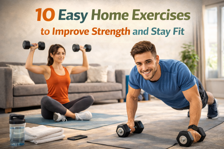 10 Easy Home Exercises to Improve Strength and Stay Fit Person doing easy home exercises like push-ups and squats to improve strength and stay fit