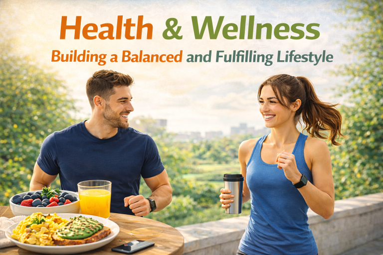 Health and wellness lifestyle with balanced diet, exercise, meditation, and healthy habits for a fulfilling life