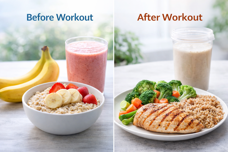 Pre-workout and post-workout meals with oatmeal, banana smoothie, grilled chicken, brown rice, vegetables, and protein shake