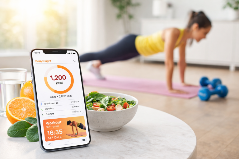 Fitness apps for weight loss showing smartphone with workout and calorie tracking app and person exercising at home