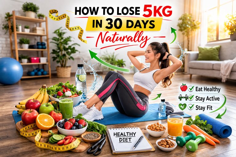 person doing home workout with healthy diet foods for losing 5kg in 30 days naturally