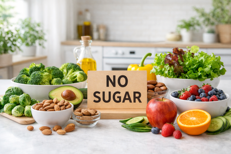 No Sugar Diet: Benefits, Plan & Results no sugar diet healthy food including vegetables fruits and nuts for weight loss and healthy lifestyle