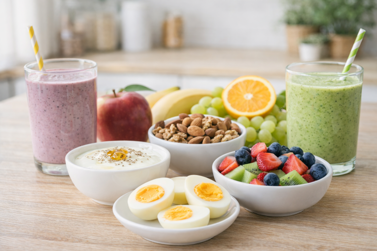 Healthy Snack Ideas for Weight Loss (Easy & Quick) healthy snacks for weight loss including fruits nuts yogurt and eggs arranged in a clean healthy setup