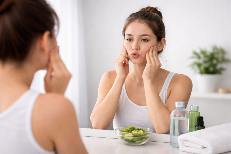 Person doing facial exercises to reduce face fat naturally at home