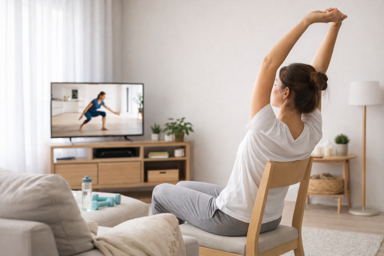 Person doing simple lazy workout exercises at home in a relaxed environment