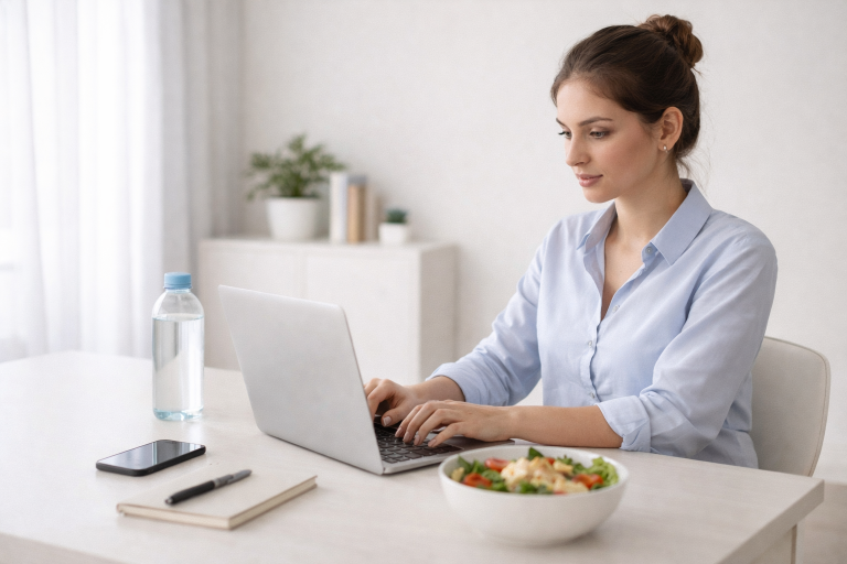 Busy person working with healthy food and water maintaining a balanced lifestyle
