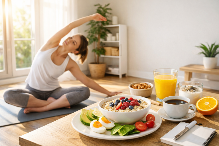 Healthy Morning Routine for Fat Loss person following healthy morning routine with workout and breakfast for fat loss and weight loss