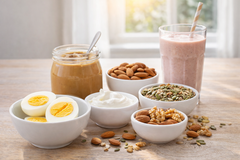 high protein snacks for weight loss including eggs yogurt nuts and smoothie arranged in a clean healthy setup