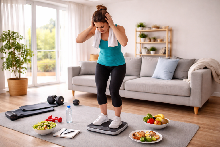 Why You Are Not Losing Weight Even After Exercise person frustrated after exercise not losing weight standing on scale with gym and diet concept