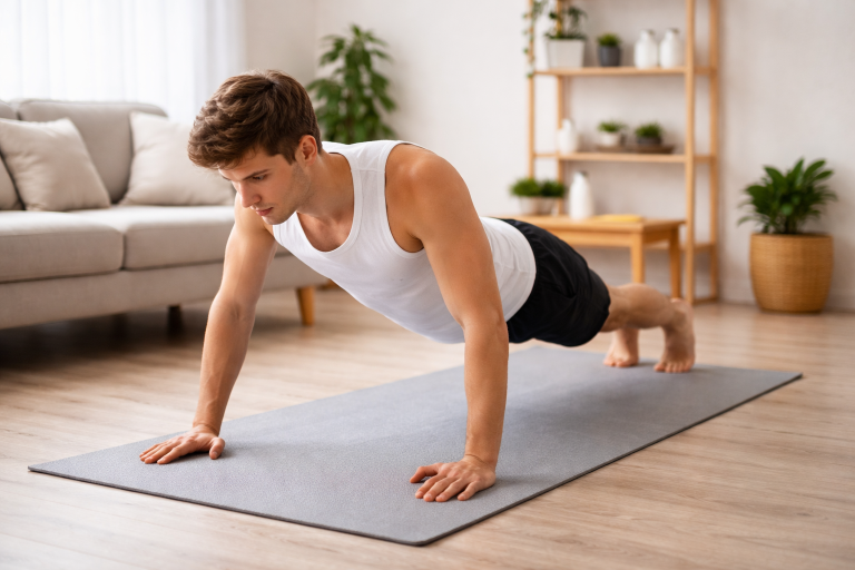 Simple Fitness Plan for Skinny Guys at Home Skinny man doing push-ups at home for muscle gain and fitness