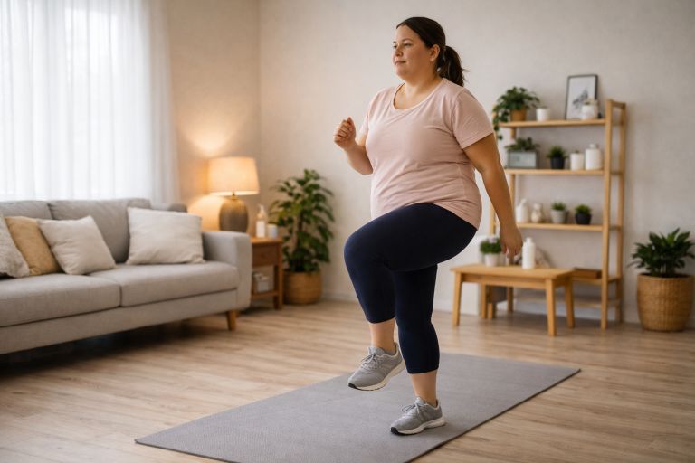 Overweight person doing simple home workout for weight loss and fitness