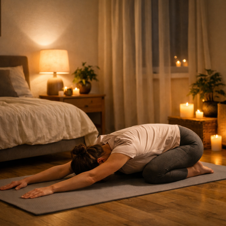 Person doing light stretching or yoga at night in a cozy bedroom to improve sleep