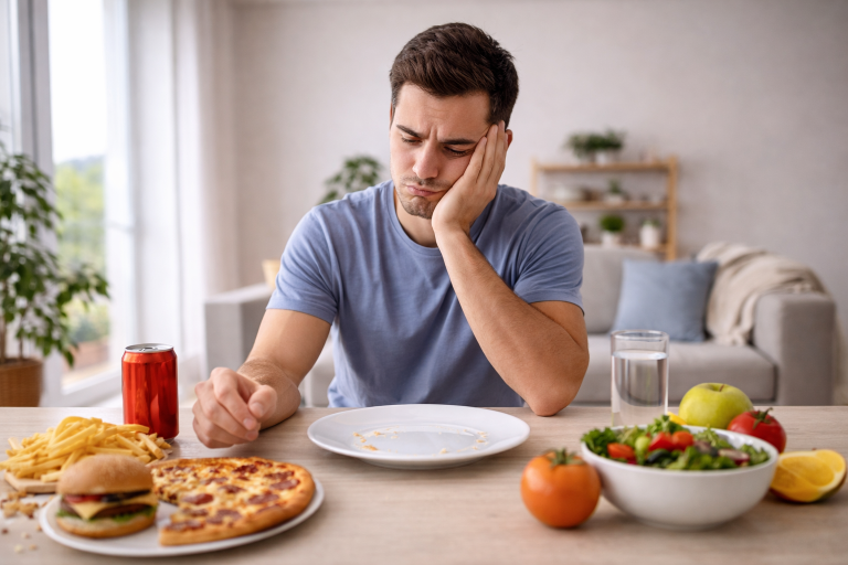 person feeling hungry even after eating looking at food plate confused with diet and hunger concept