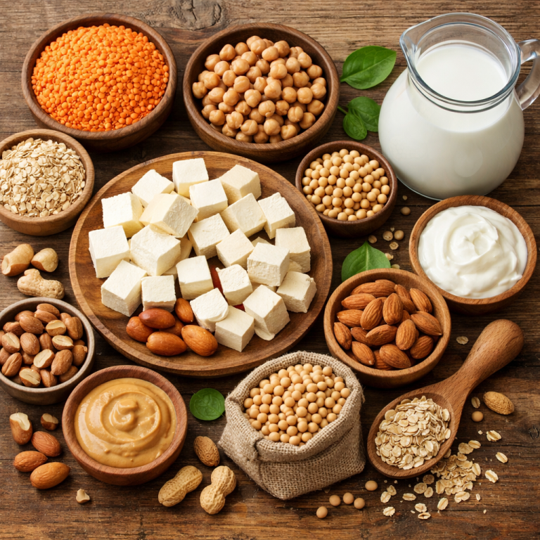 Best Vegetarian Protein Sources for Beginners Vegetarian protein sources including lentils, paneer, tofu, chickpeas, nuts, and oats on a table