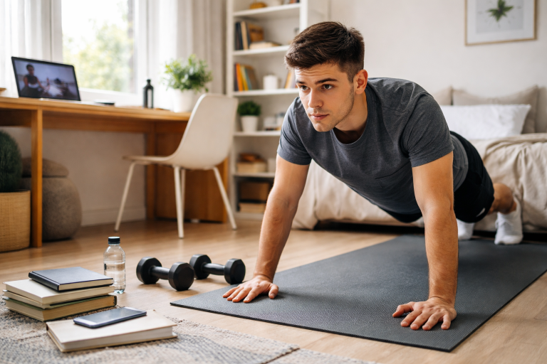 Student doing home workout near study desk showing weight loss tips for students at home
