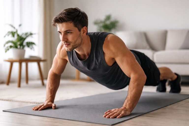 Muscle Gain Tips Without Supplements: A Complete Natural Guide Man doing push-ups at home for natural muscle gain without supplements