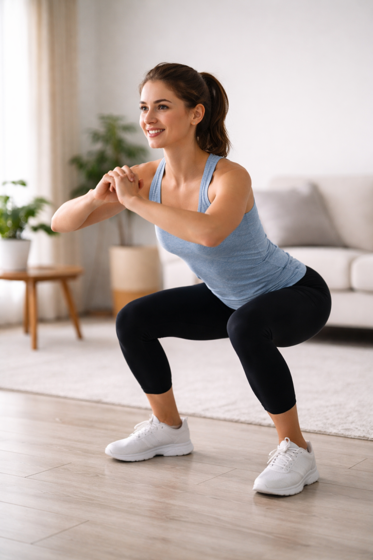 How to Start Your Fitness Journey at Home (Step-by-Step Guide for Beginners) Beginner doing home workout in a clean room without gym equipment