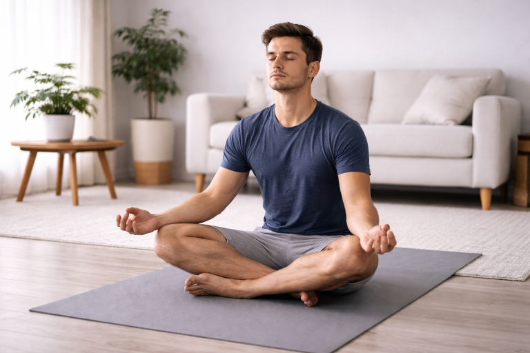 Best Home Activities to Reduce Anxiety Fast (Simple & Effective Guide) Person meditating at home to reduce anxiety in a calm peaceful room