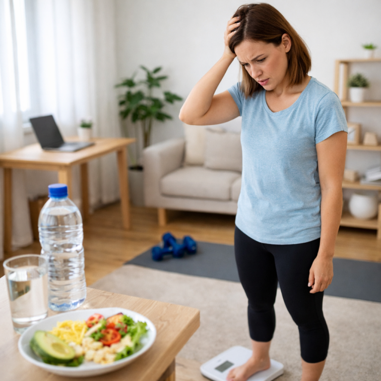 Person struggling with slow metabolism and trying to lose weight at home