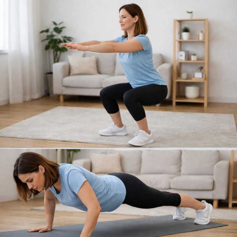 Beginner doing fat loss workout at home without cardio