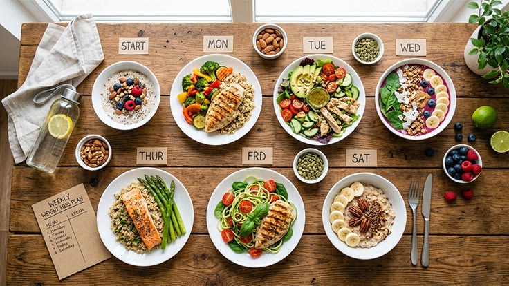 7-Day Diet Plan for Weight Loss 7 day diet plan for weight loss showing healthy meals like fruits, vegetables, oats, and balanced nutrition for fat loss