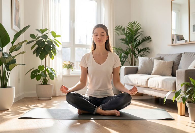 Person practicing daily habits like meditation and journaling to reduce stress and improve mental health