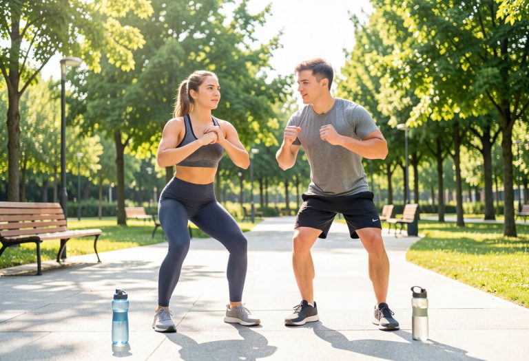 men and women working out in a park