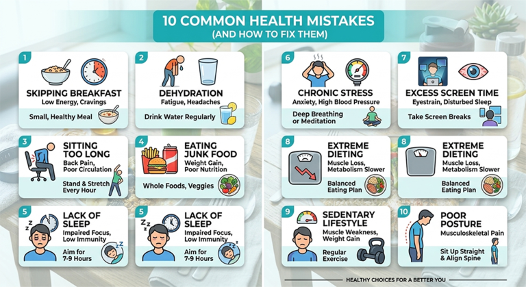 Infographic showing 10 health mistakes you are making every day including skipping breakfast, dehydration, poor sleep, and lack of exercise