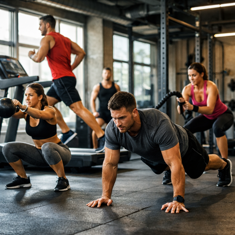 HIIT Workout in Gym for Weight Loss (Beginner to Advanced) People doing HIIT workout in gym for weight loss with intense training exercises