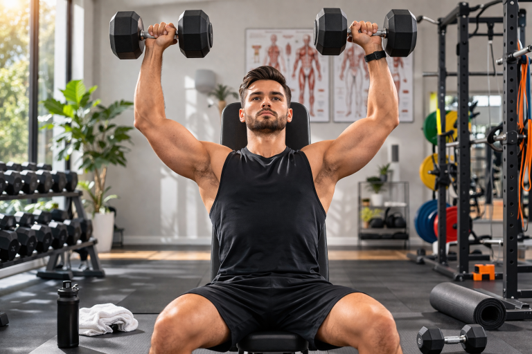 A fit person performing shoulder dumbbell press exercise with proper form in a gym or home workout setting