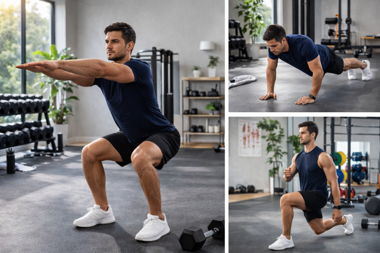 Best Workout Routine for Beginners to Build Strength and Stay Fit A fit person performing a full body workout routine including squats, push-ups, and plank in a clean workout environment
