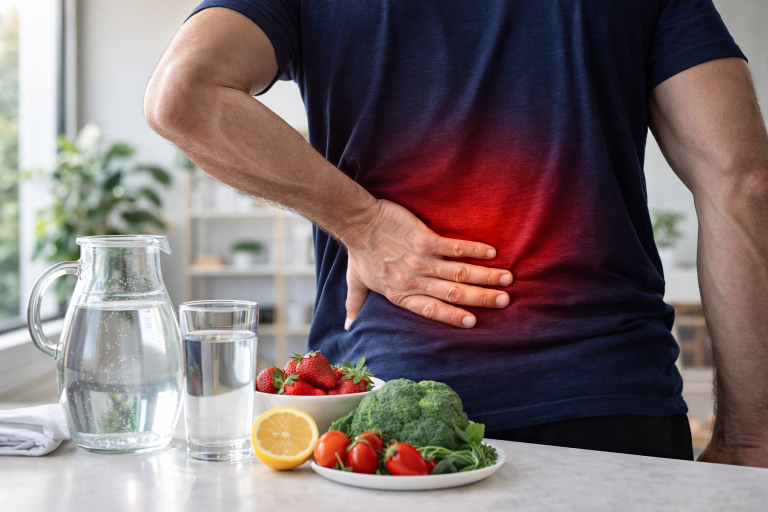 Kidney Stones Causes Symptoms Treatment & Natural Prevention Guide A person holding their lower back in pain representing kidney stones with a healthy diet and water for prevention