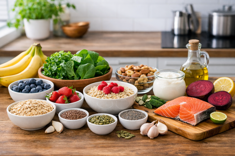 Foods to Lower High Blood Pressure Naturally (Complete Diet Guide) A healthy table filled with foods like bananas, oats, leafy greens, berries, nuts, and fish that help lower high blood pressure
