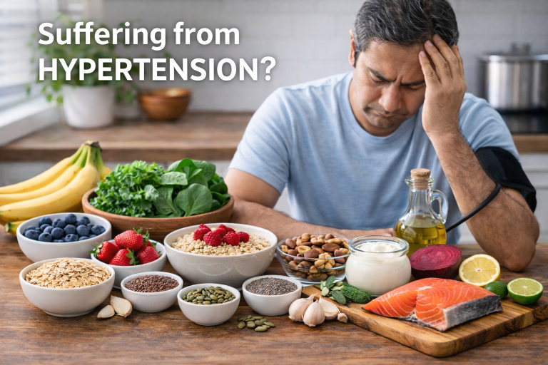 DASH Diet for Hypertension Complete Guide to Lower Blood Pressure Naturally A stressed man with high blood pressure sitting at a table with a blood pressure monitor and healthy DASH diet foods like fruits, vegetables, oats, nuts, and fish