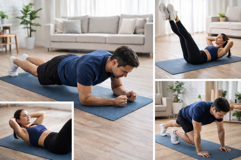A fit person performing tummy fat loss exercises like plank, crunches, and mountain climbers at home
