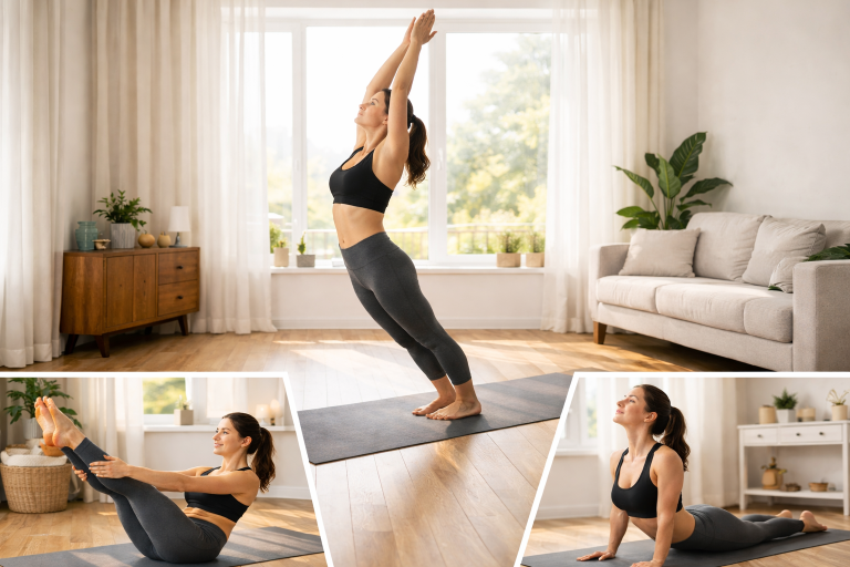 Yoga for weight loss at home performing different poses in a bright room