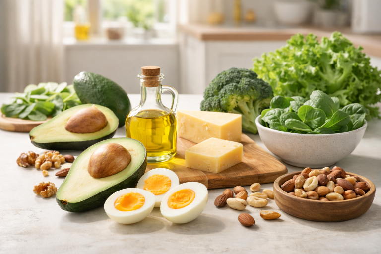 Ketosis diet foods including avocado eggs nuts and healthy fats