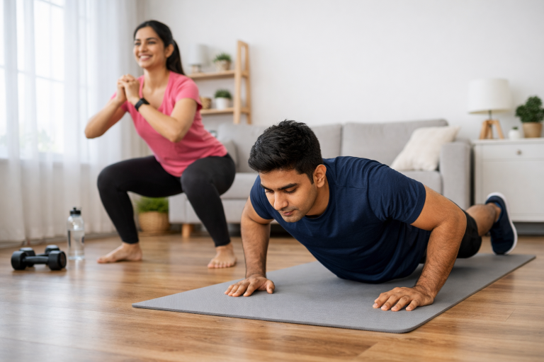 Beginner doing bodyweight workout at home without cardio for fat loss