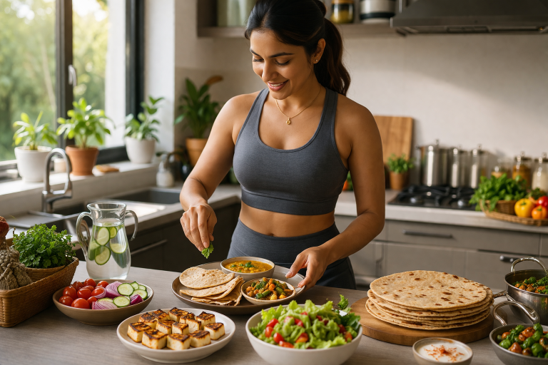 How to Lose Weight Eating Normal Indian Food (Beginner Fat Loss Routine Without Cardio) Healthy Indian food plate with roti, dal, vegetables and salad for weight loss diet