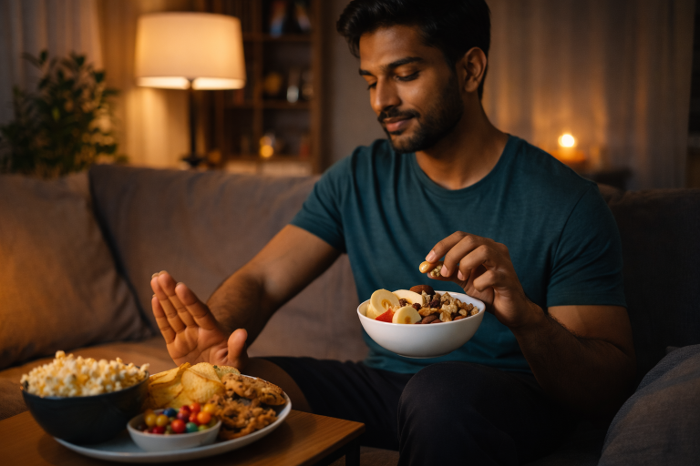 Person avoiding junk food at night and choosing healthy snacks