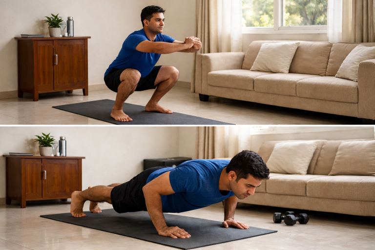 Beginner doing home workout in India without equipment for fat loss
