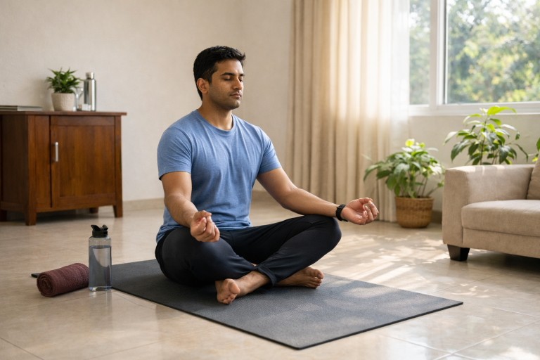 Stress Relief Exercises at Home (Natural Ways to Relax Your Mind & Body) Person doing stress relief exercises at home in India with yoga and meditation