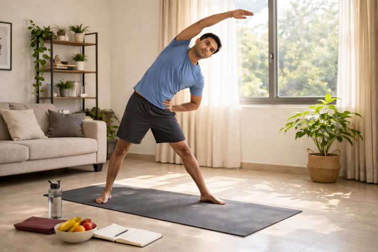 Person doing morning routine with stretching and yoga at home in India